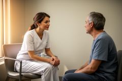 Dental clinician consulting a seated middle-aged patient in a calm exam room about treatment options.
