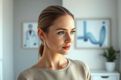 Portrait of a young woman with a thoughtful expression in a modern, neutral-toned room. Artwork depicting a doctor and an ECG line hangs on the wall. Soft lighting and a calm atmosphere suggest a healthcare or wellness context.