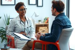 Doctor consults with patient in modern office setting. Healthcare professional in white coat, stethoscope, discusses concerns. Bright, inviting room with warm colors. Medical consultation, patient care, doctor-patient relationship.