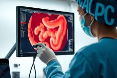 Medical imaging of a 3D anatomical model displayed on a monitor. A healthcare professional in gloves and mask views the image, likely for diagnostic or surgical planning purposes. Red and white tones dominate the visualization.