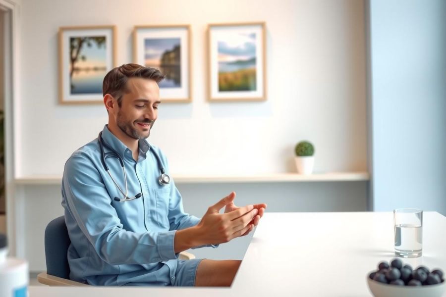 Doctor with stethoscope explaining something to patient. Healthcare professional in a modern office setting. Blue shirt, patient interaction, medical consultation.