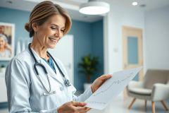 Smiling female doctor in a blue medical office reviewing patient records or a graph. Healthcare professional wearing a lab coat and stethoscope, suggesting a clinical setting and patient care.