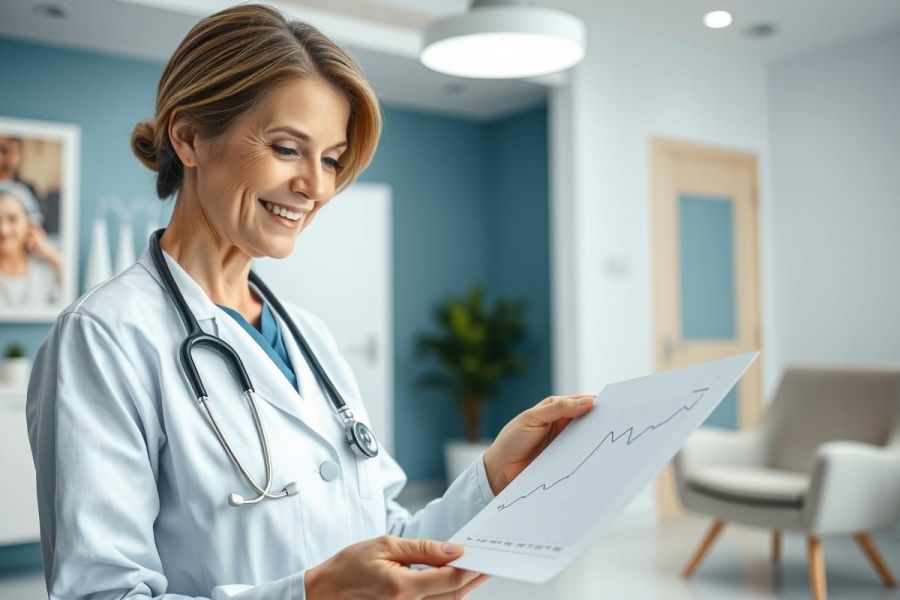 Smiling female doctor in a blue medical office reviewing patient records or a graph. Healthcare professional wearing a lab coat and stethoscope, suggesting a clinical setting and patient care.