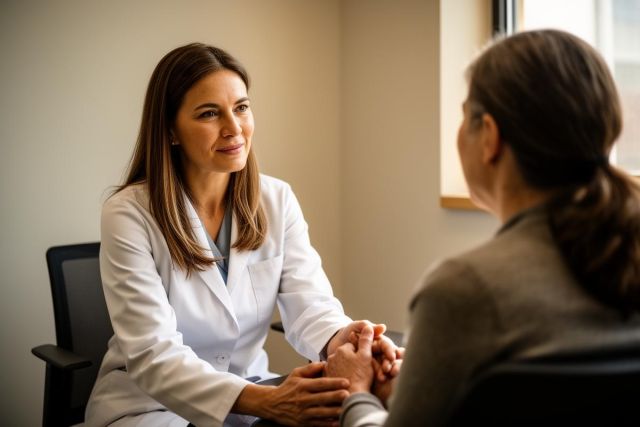 Clinician in a white coat listens and holds a patient's hands in a quiet exam room, conveying empathetic care.