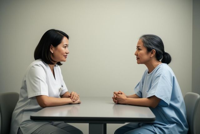 Dental clinician and patient sit across a consultation table, calmly discussing treatment options in a clinic.