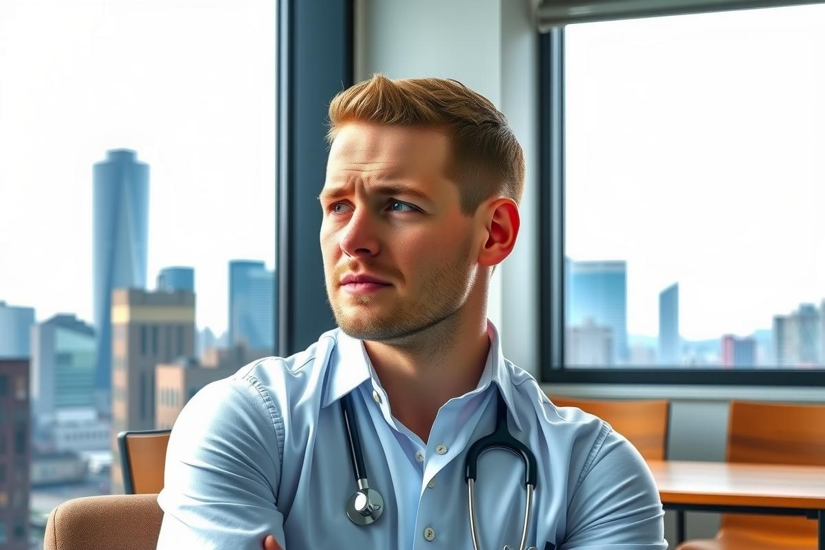 The photo features a young man wearing a white shirt and a stethoscope, indicating his profession as a doctor. He sits at a table with a view of the city through the windows, evoking an urban setting.