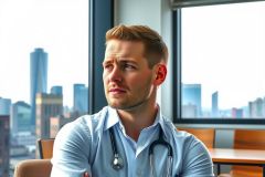 The photo features a young man wearing a white shirt and a stethoscope, indicating his profession as a doctor. He sits at a table with a view of the city through the windows, evoking an urban setting.