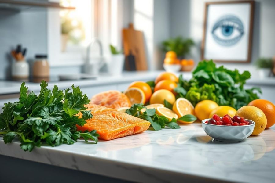 Healthy food arrangement on a marble countertop. Fresh salmon, vibrant oranges, lemons, leafy greens, and cranberries create a colorful, nutritious display in a bright, modern kitchen setting. Focus on wellness and healthy eating.