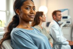 Medical consultation. A diverse group including a doctor and patients in a clinic setting. Focus on healthcare, patient care, and professional medical environment.