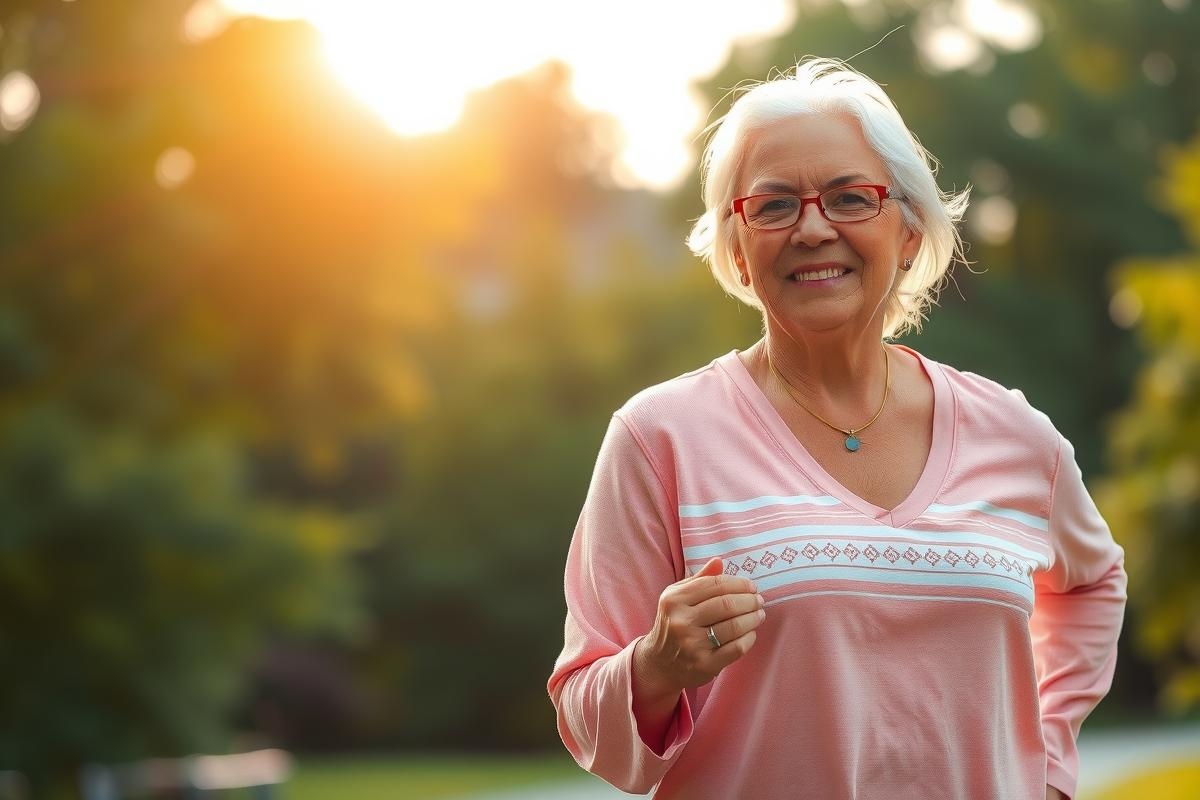 Smiling elderly woman in pink outfit standing in sunlight with trees and greenery in the background, enjoying a pleasant day.