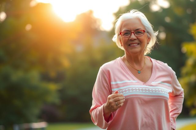 Smiling elderly woman in pink outfit standing in sunlight with trees and greenery in the background, enjoying a pleasant day.