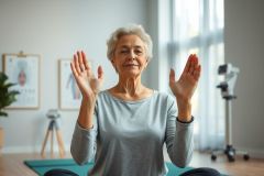 Senior woman practicing yoga at home. She's seated on a teal mat with hands raised in a welcoming gesture. Bright, airy room with large windows and anatomical posters suggests physiotherapy or wellness. Focus on healthy aging and fitness.