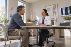 Orthopedic specialist consulting with patient at desk, anatomical models and knee X-rays visible.