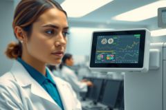 Lab technician in white coat examining medical equipment displaying data. Healthcare setting, scientific research, diagnostics, medical technology, professional, focused, modern lab.