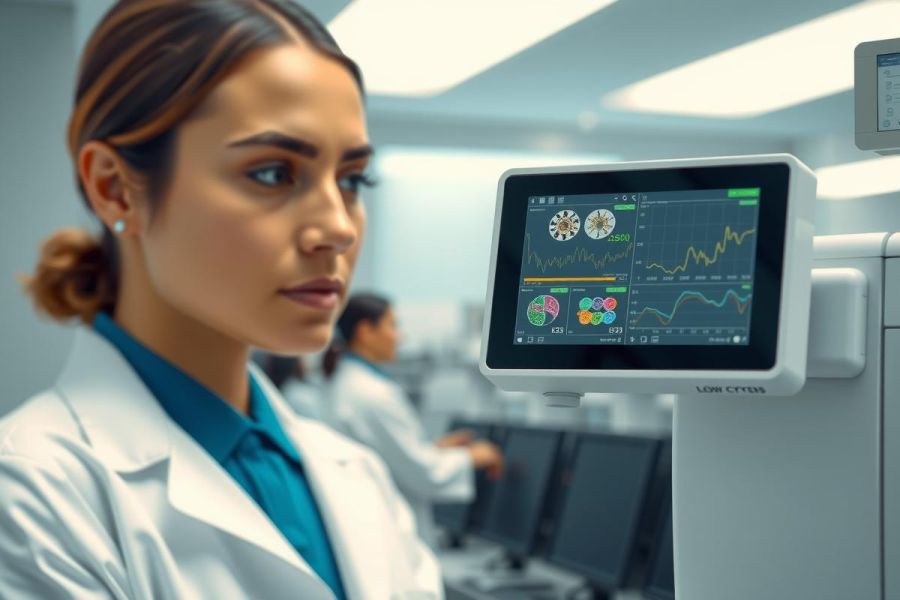 Lab technician in white coat examining medical equipment displaying data. Healthcare setting, scientific research, diagnostics, medical technology, professional, focused, modern lab.