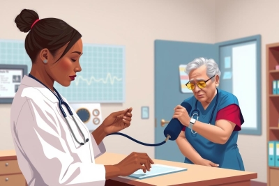 This is an illustration depicting a medical scene. In the center, there's an elderly woman sitting at a desk with her arm extended on it for a blood pressure check. To her right stands a younger female doctor or nurse, attentively looking at the older patient's arm while measuring her blood pressure. Both individuals are smiling and appear to be having a pleasant interaction in an indoor setting that resembles a medical office or clinic, with visible medical equipment such as charts, monitors, and bookshelves filled with files.