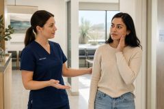 Dental nurse discussing tooth pain with patient in a bright dental clinic reception area.
