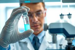 Scientist in lab coat examines a vial of blue liquid. Close-up shows gloved hands and lab equipment, suggesting research or analysis. Focus on scientific discovery and experimentation.