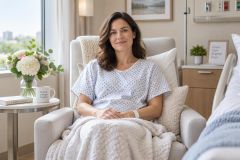 Middle-aged patient resting in hospital recliner during post-surgical recovery, calm clinical room.