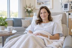 Middle-aged patient reclining in a hospital recovery chair with IV pump, calm clinical setting.