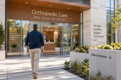 Man approaching orthopedic clinic entrance with visible patient entrance signage and reception inside