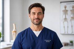 Smiling orthopedic specialist in clinic with knee model and skeleton chart, professional setting.