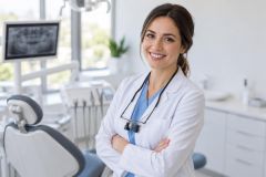 Smiling dentist in white coat and loupes standing in a bright dental examination room.