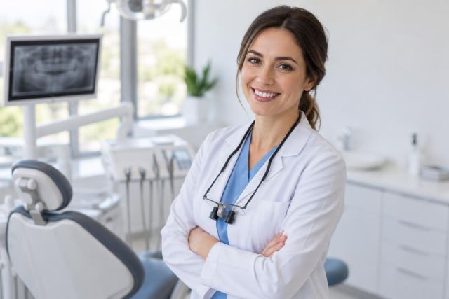 Smiling dentist in white coat and loupes standing in a bright dental examination room.