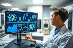Scientist analyzing data on a monitor in a lab. The image shows a man in a lab coat working with a computer, likely performing research or medical imaging analysis. Bright colors and scientific equipment are visible.