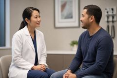 Clinician in white coat consulting a patient in a calm exam room, friendly conversational tone.
