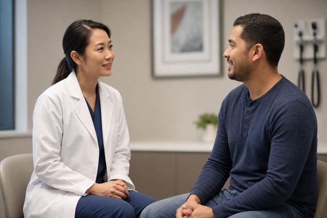Clinician in white coat consulting a patient in a calm exam room, friendly conversational tone.