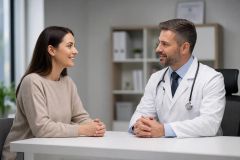 Doctor and patient seated across desk during calm clinical consultation about treatment or costs.