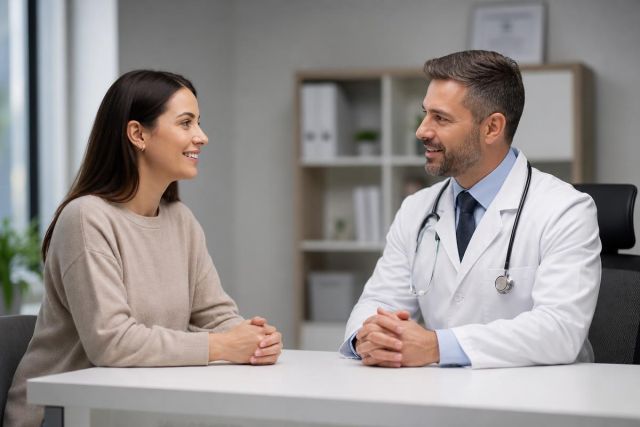 Doctor and patient seated across desk during calm clinical consultation about treatment or costs.