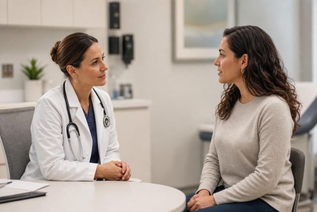 Doctor in white coat consulting a patient in a calm outpatient clinic, discussing care.