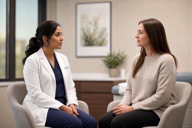 Doctor consulting with patient in a calm clinic consultation room, discussing treatment options.