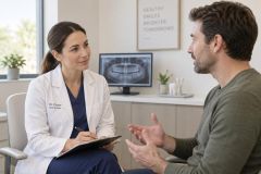 Dentist consulting with patient in clinic, reviewing dental X-ray and treatment notes.