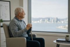 Elderly patient sitting in clinic, holding cane, looking out window toward city.