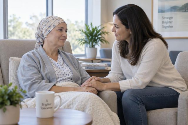 Two women in a calm clinical lounge, companion holding patient's hands supportively.