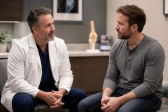 Doctor consulting male patient about knee replacement costs in a calm orthopedic clinic.