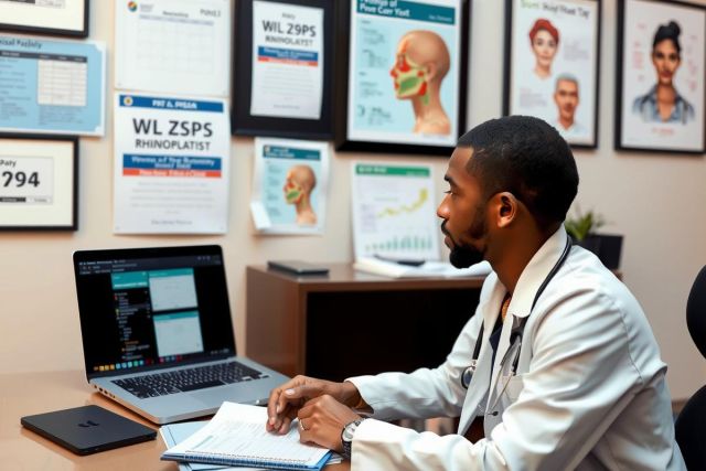 The image shows a medical professional, likely a dermatologist or similar healthcare provider, seated at a desk in an office environment. The person is dressed in professional attire suitable for their field, with visible white coats often associated with doctors and dentists. On the screen of a laptop, there appears to be a virtual consultation session with a patient's face displayed, suggesting that the healthcare provider may be conducting remote appointments or examining images remotely.