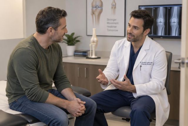 Orthopedic surgeon discussing knee symptoms with a patient in a clinical consultation room.