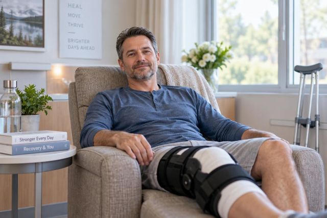 Middle-aged man reclined in chair with knee brace, crutches and recovery books nearby.