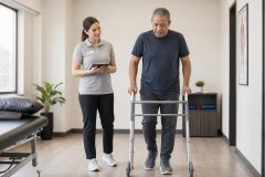 Patient practicing assisted walking with clinician in an outpatient physical therapy clinic.