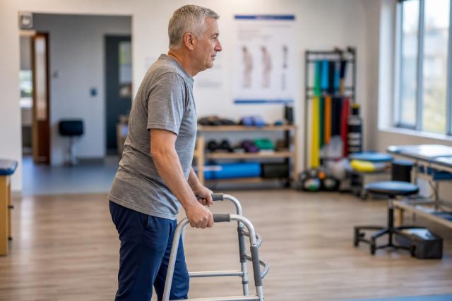 Older man practicing walking with a walker in a rehabilitation gym, therapeutic equipment background.