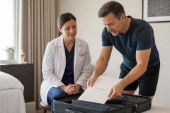 Patient packing medical records into suitcase while orthopedic clinician observes in clinic room.