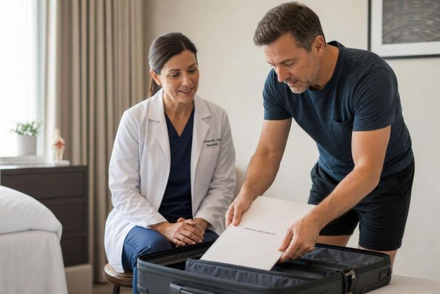 Patient packing medical records into suitcase while orthopedic clinician observes in clinic room.