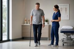 Patient performing a cane-assisted walking assessment during a post-operative hip review with clinician in clinic.
