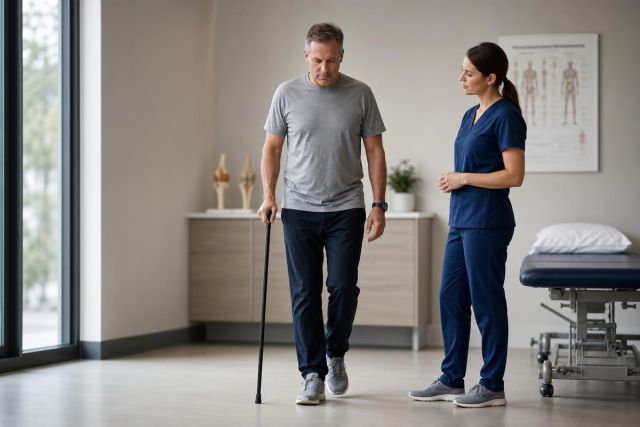 Patient performing a cane-assisted walking assessment during a post-operative hip review with clinician in clinic.