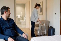 Patient practicing walking with a walker in a recovery room while companion watches.
