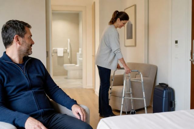 Patient practicing walking with a walker in a recovery room while companion watches.